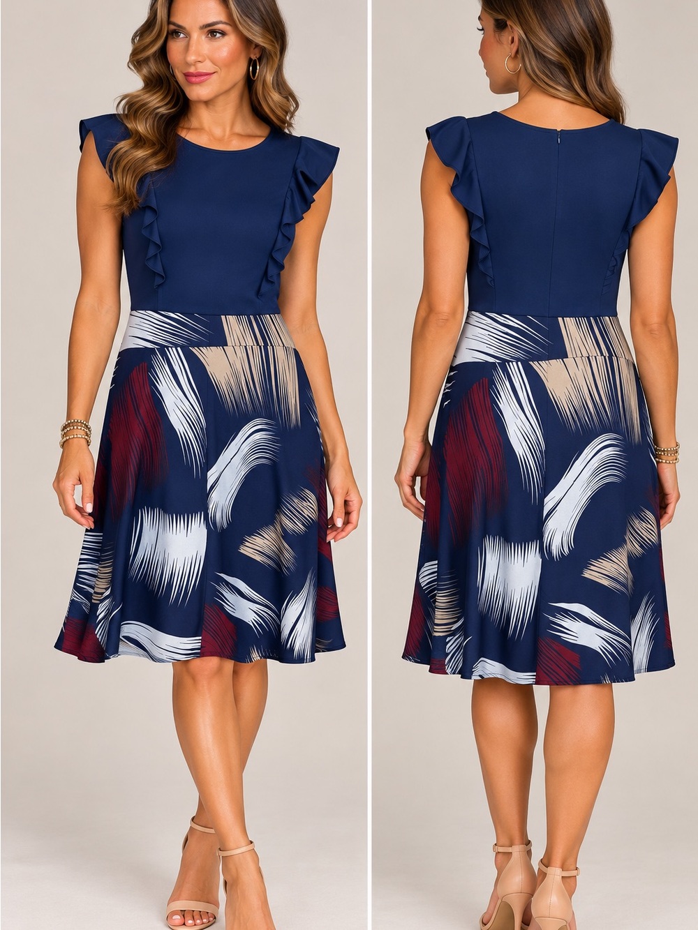 Navy Ruffle-Sleeve A-Line Dress with Abstract Brushstroke Skirt